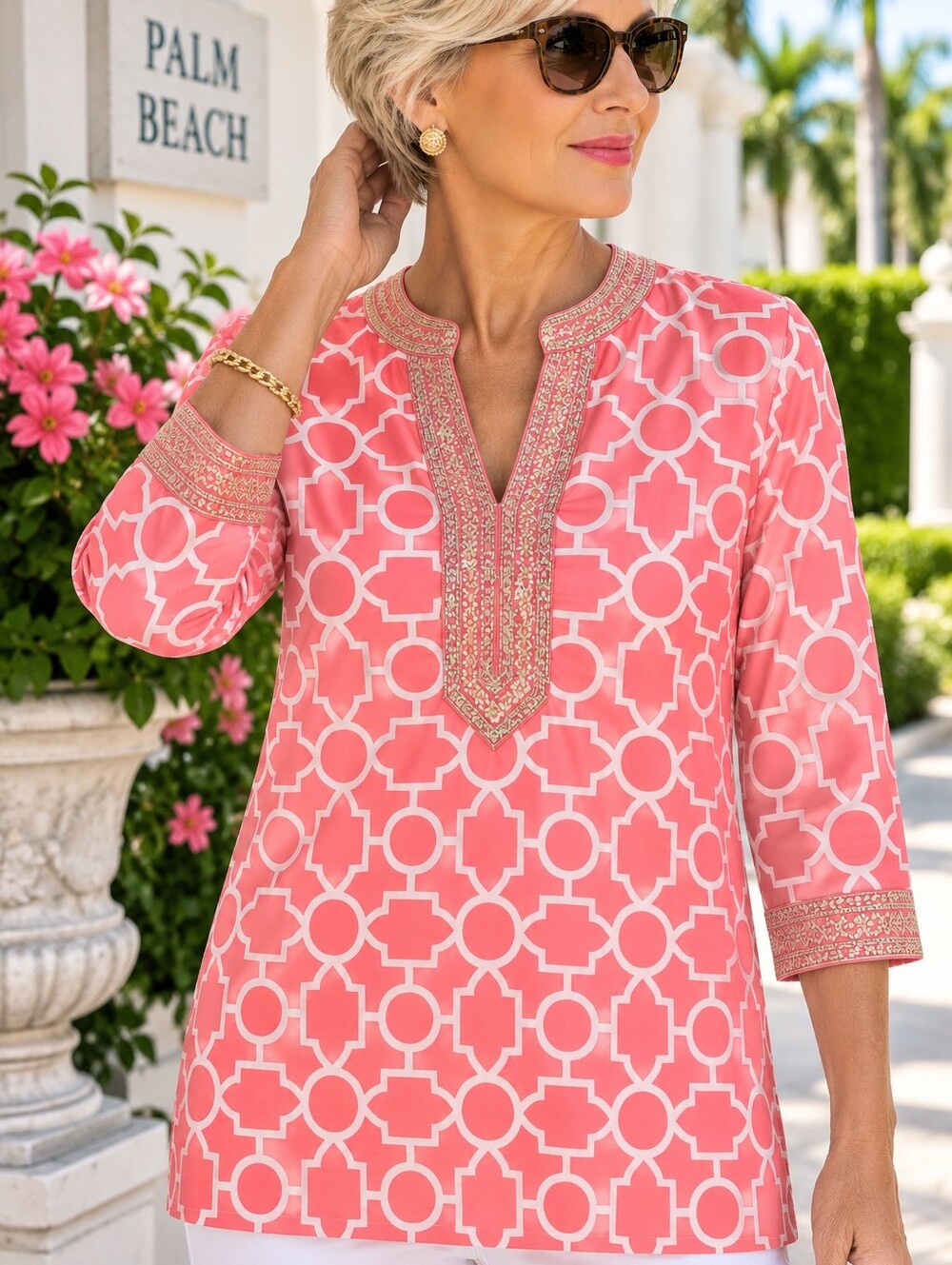 Charter Club M Coral Geometric Gold Embroidered Cotton Tunic Top